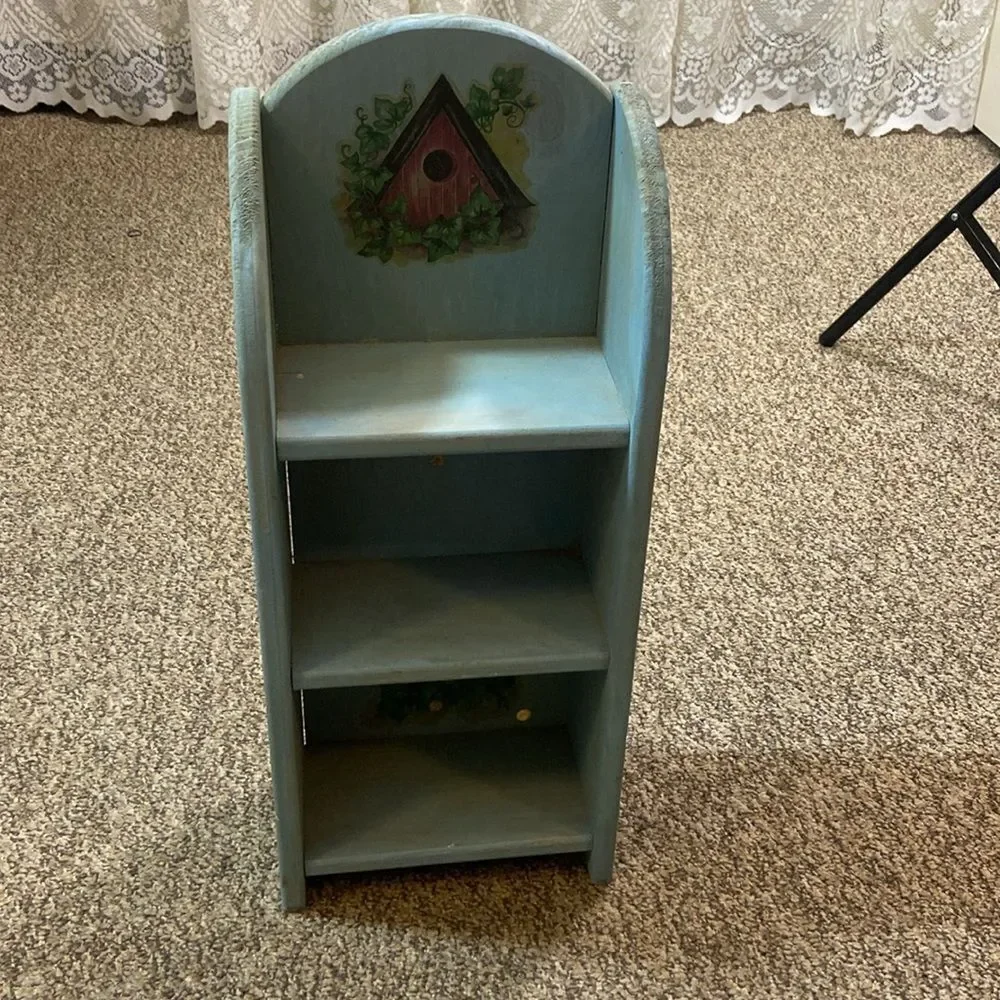 VTG, Blue Birdhouse & Flowers Wall Shelf Decor Handmade Wood And Hand-Painted
